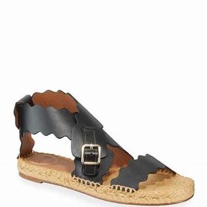 Chloe Black Leather Scalloped Espadrille Sandals